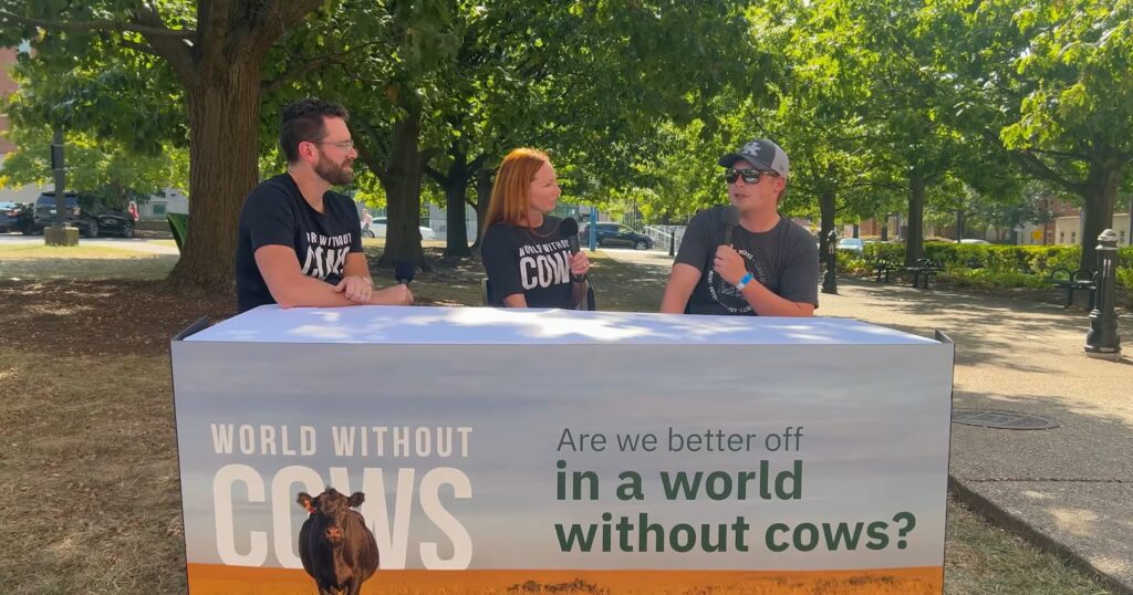 Fimmakers interviewing students on a college campus about the World Without Cows documentary