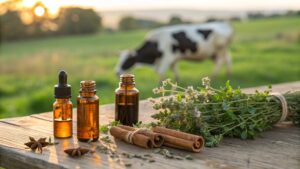 Amber essential oil bottles with herbs on rustic table, with cows grazing in pasture, showing how essential oils help cows.